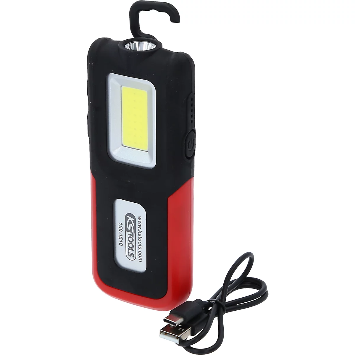 Zwarte en rode LED-lamp met haak en oplaadkabel.